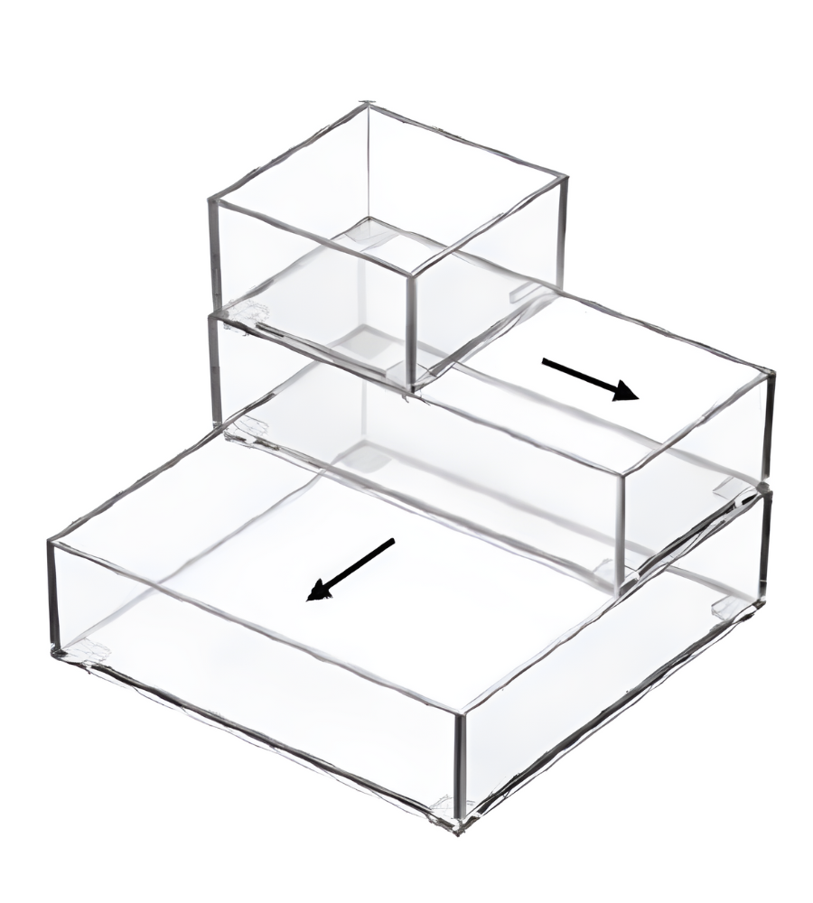 Three transparent SLIDE drawer organizer boxes from BNB x VCN are stacked in a staircase formation and feature black arrows showing how to pull them out—ideal as stackable organizers for easy storage and access.