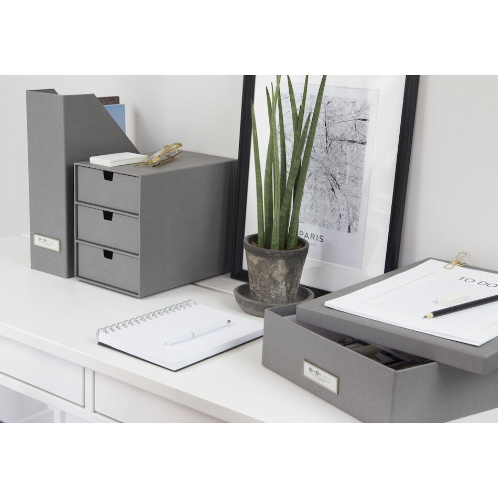 Ein aufgeräumter weißer Schreibtisch mit Bigso OSKAR Aufbewahrungsbox A4 - Grau, einer Topfpflanze, gerahmter Kunst, einem Spiralnotizbuch und einem Block mit Aufgabenliste schafft einen organisierten, modernen Arbeitsbereich.