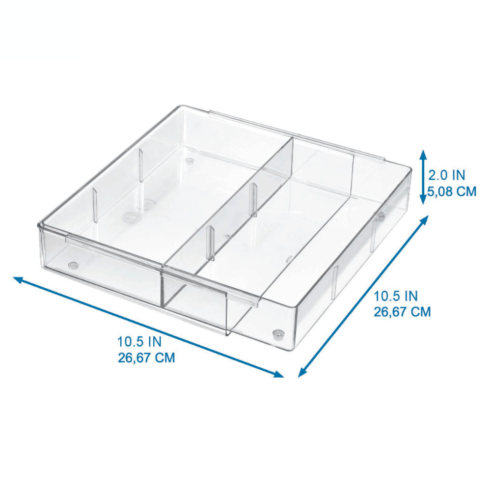 Der iDesign HOME EDIT - Schubladen Organizer KLAR - ausziehbar ist ein durchsichtiges Kunststofftablett mit vier Fächern, die jeweils 26,67 cm (10,5") pro Seite und 5,08 cm (2") hoch sind - ideal für aufgeräumte, erweiterbare Aufbewahrungslösungen.