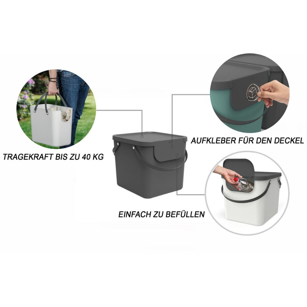 Eine Collage mit dem Rotho 3er Set - ALBULA Recycling Müllsystem 40L in Anthrazit: stabile, stapelbare Kunststoffbehälter mit Griffen, beschriftet mit "Tragekraft bis zu 40 kg", einfach zu befüllen, inklusive Deckelaufkleber - ideal für die Mülltrennung.