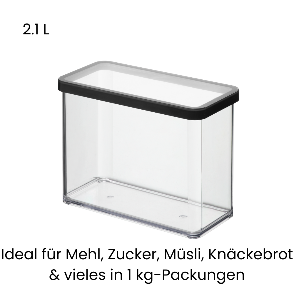Contenitore rettangolare in plastica da 2,1 litri, coperchio nero, per farina e muesli.