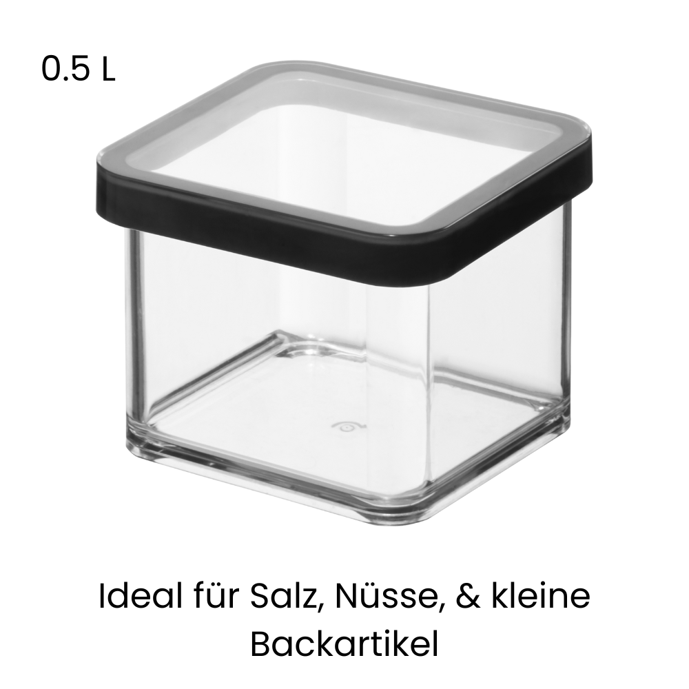 Contenitore rettangolare da 0,5 litri, coperchio nero, per sale, noci.