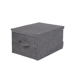 Die Bigso SOFT Aufbewahrungsbox Grau L (45x34x25cm) aus Stoff mit Deckel und Frontgriff ist zusammenklappbar, platzsparend und auf weißem Hintergrund präsentiert.