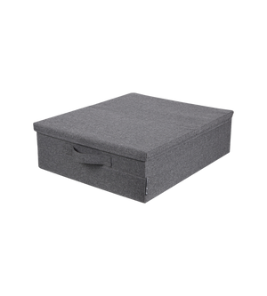 Die Bigso SOFT Aufbewahrungsbox Grau, eine quadratische Aufbewahrungsbox mit Deckel und Frontgriff, ist vor einem weißen Hintergrund abgebildet - ideal für die Unterbett-Lagerung.