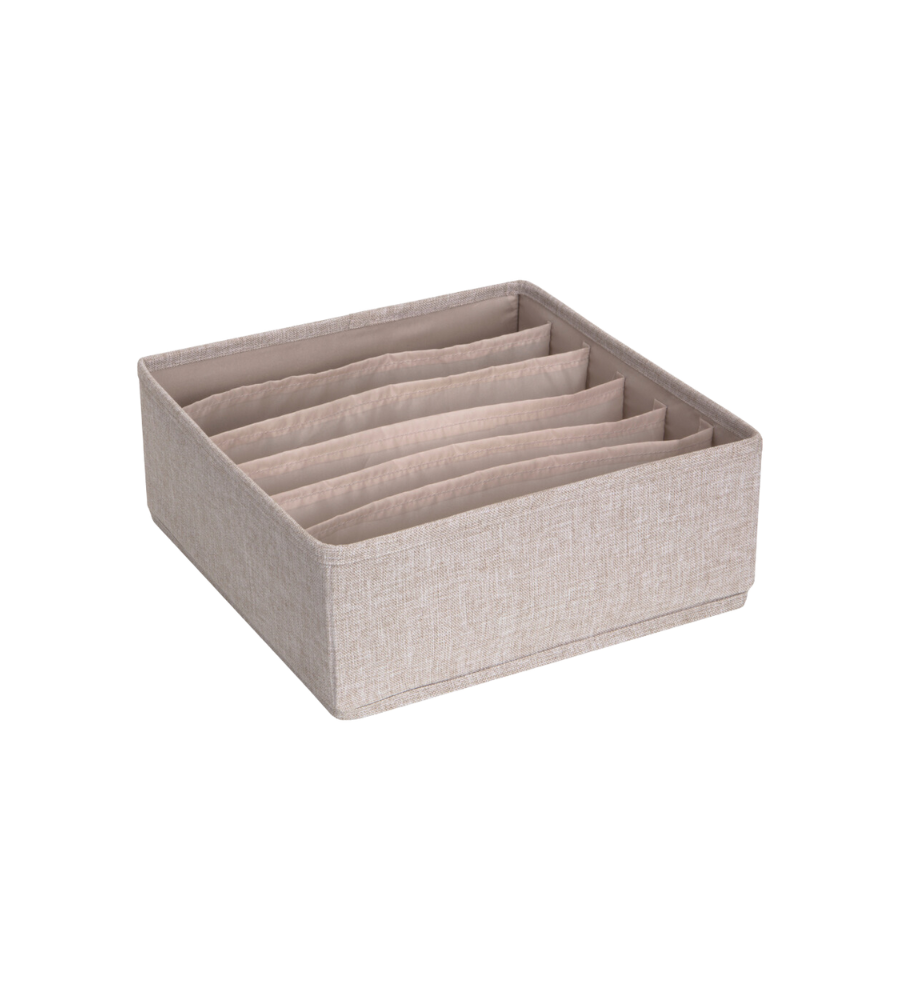 Der Bigso SOFT Organizer Beige – 6 Fächer breit ist ein quadratischer Stoff-Organizer mit sechs breiten Fächern zum Sortieren von Socken oder Accessoires; er ist zusammenklappbar und lässt sich bei Nichtgebrauch einfach verstauen.