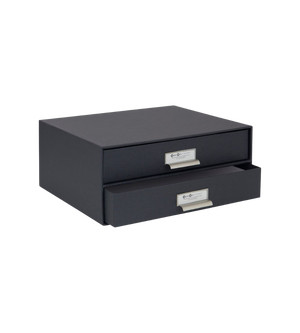 Die Bigso BIRGER Schubladenbox 2 Fächer in Dunkelgrau ist vor einem schlichten weißen Hintergrund abgebildet, die untere Schublade ist teilweise geöffnet - ideal für eine A4 Dokumentenablage.