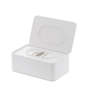 Die YAMAZAKI SMART Feuchttücherbox - Weiss ist eine weiße, rechteckige Box mit einem Scharnierdeckel und einer Innenöffnung, ideal für die bequeme Ausgabe von Feuchttüchern.