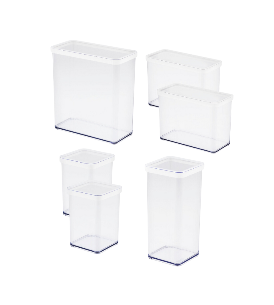 Sechs klare, rechteckige Kunststoffbehälter aus dem Vorratsdosen-Set LOFT (6-teilig) von Rotho, jeweils mit weißem Deckel, sind auf weißem Hintergrund abgebildet. Sie variieren in der Größe und sind ideal zum Organisieren Ihrer Speisekammer.