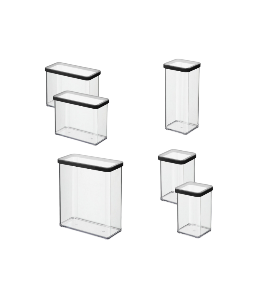 Sechs klare, rechteckige Rotho Vorratsdosen-Set LOFT schwarz mit schwarzen Deckeln, die in Größe und Form variieren - drei breite, drei hohe und schmale - sind auf weißem Grund angeordnet, ideal für die praktische Vorratsorganisation.