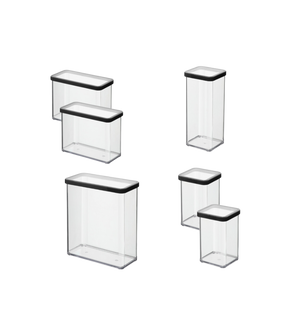 Sechs klare, rechteckige Rotho Vorratsdosen-Set LOFT schwarz mit schwarzen Deckeln, die in Größe und Form variieren - drei breite, drei hohe und schmale - sind auf weißem Grund angeordnet, ideal für die praktische Vorratsorganisation.