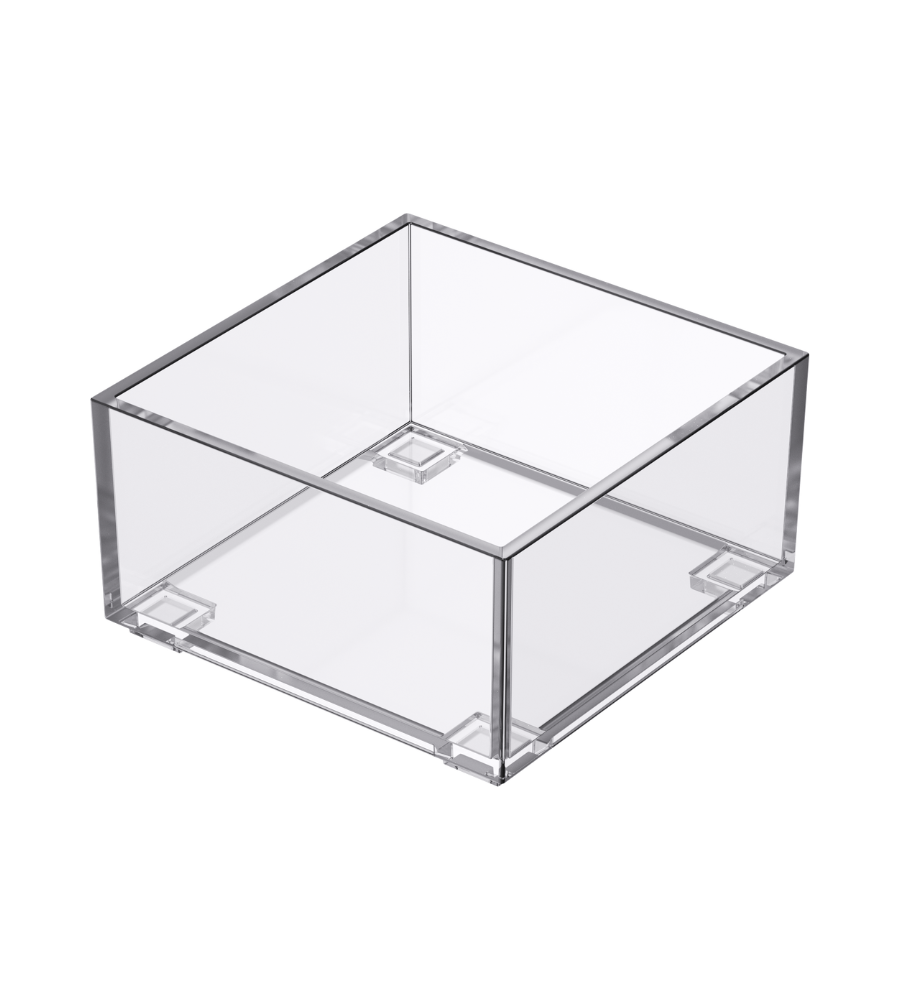 The SLIDE drawer organizer KLAR by BNB x VCN is a clear, square acrylic box with transparent sides—perfect as a stackable drawer organizer, shown here on a white background.