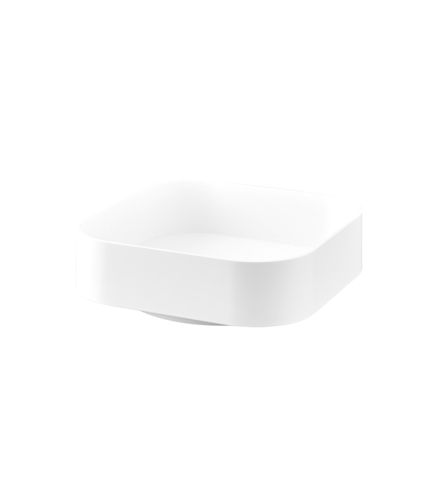 Der YAMAZAKI TOWER Drehteller Lazy Susan in Weiß (20x20x6,3cm) zeichnet sich durch ein minimalistisches, quadratisches Keramikdesign mit abgerundeten Ecken aus, ideal für die Vorratslagerung, dargestellt auf einem schlichten hellgrauen Hintergrund.