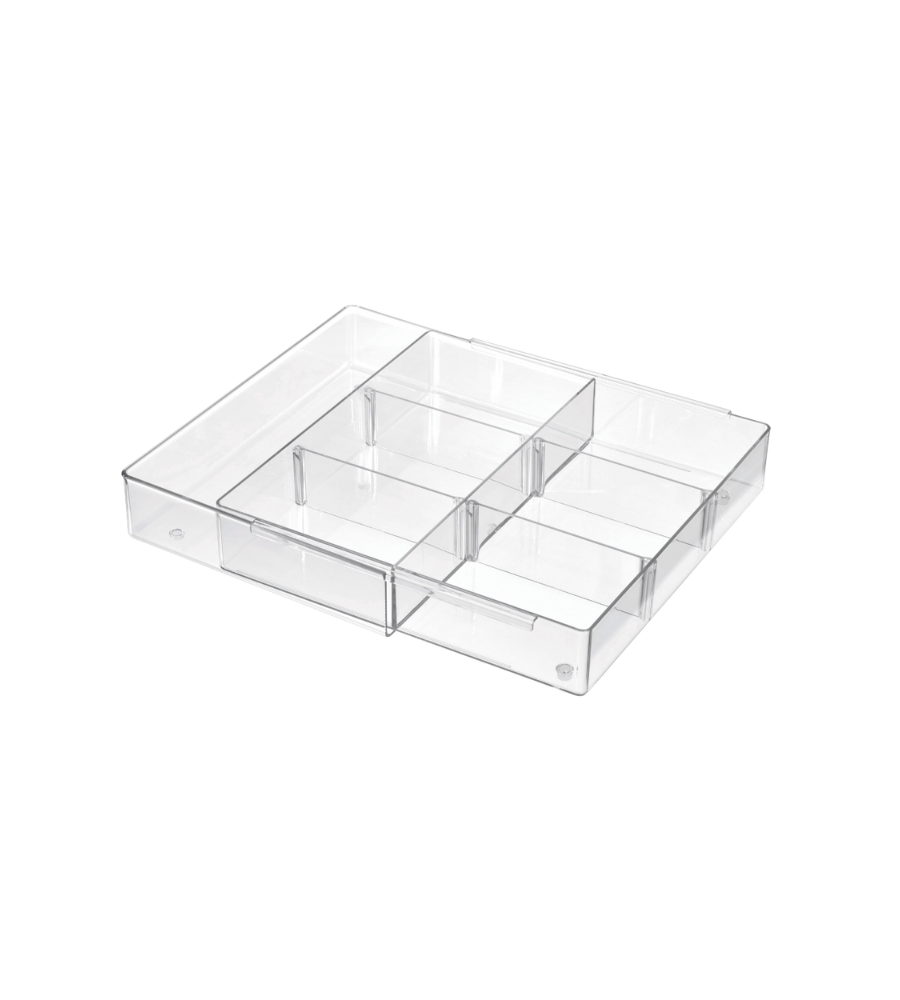Klarer Organizer mit mehreren Fächern, stehend auf weißem Hintergrund, geeignet für Schreibtisch oder Bad.