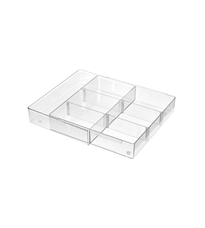 Klarer Organizer mit mehreren Fächern, stehend auf weißem Hintergrund, geeignet für Schreibtisch oder Bad.