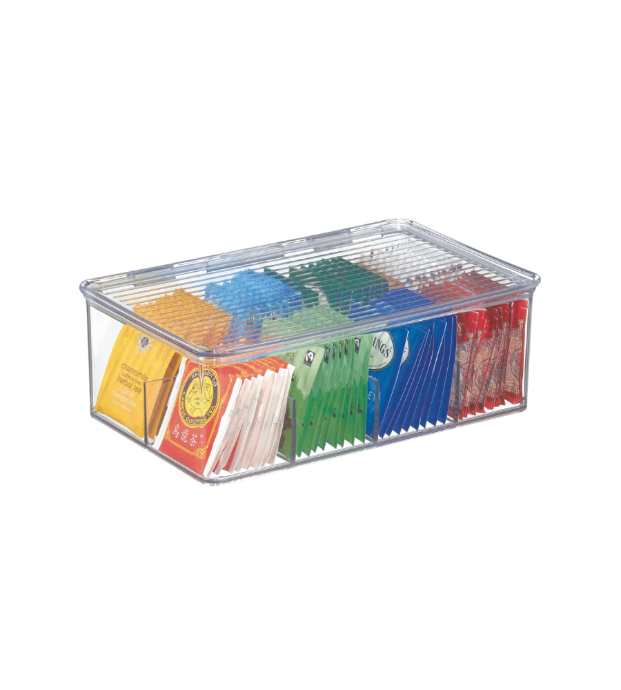 Teebeutelbox enthält bunte Teebeutel, sortiert und ordentlich auf transparentem Kunststoff.