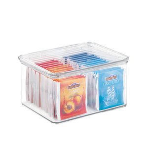 Durchsichtige Box mit Teepackungen in Farben; links „Bentley's Peach“, rechts „Earl Grey“.