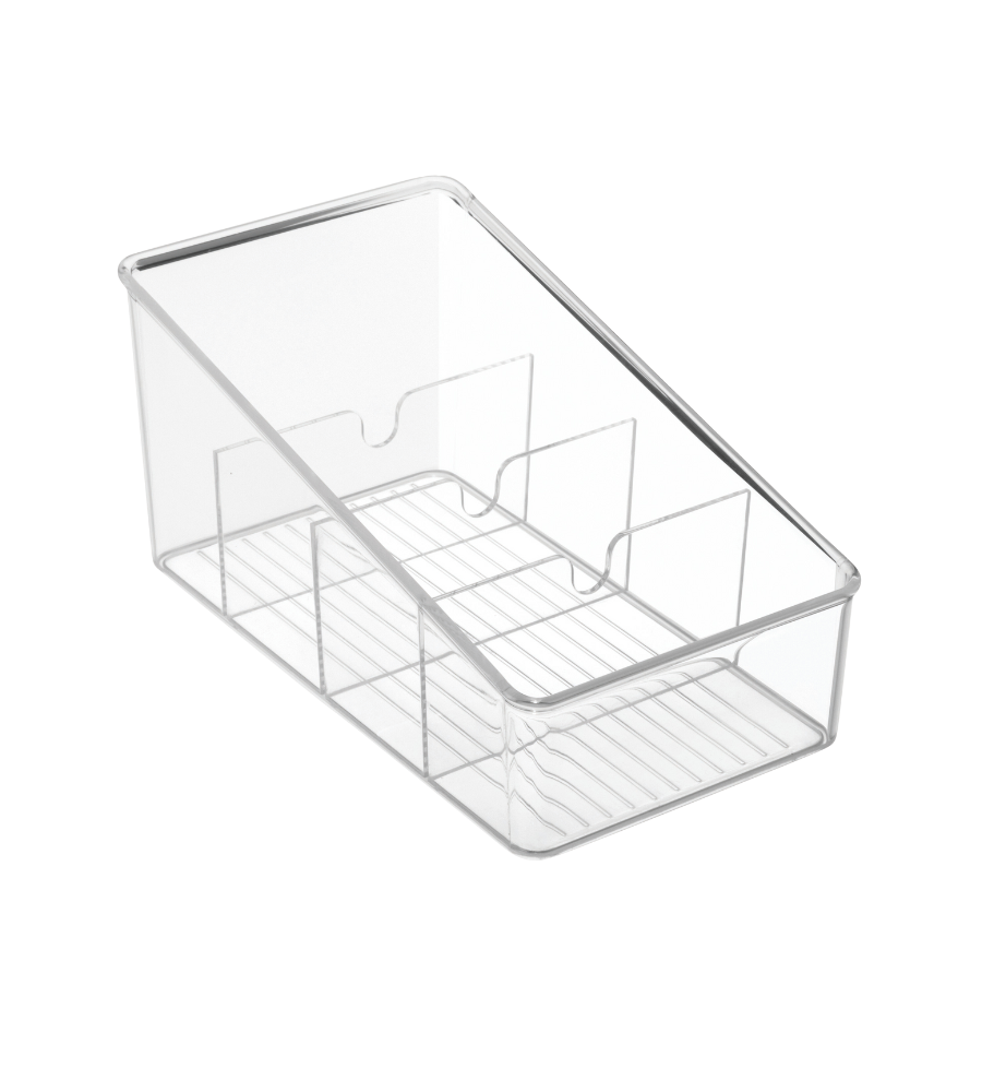 Der iDesign LINUS - Aufbewahrungsbehälter KLAR - mit Fächern ist ein klarer, rechteckiger Behälter mit Trennwänden und leicht abgeschrägtem, offenem Deckel - ideal für Ordnung - auf weißem Hintergrund platziert.