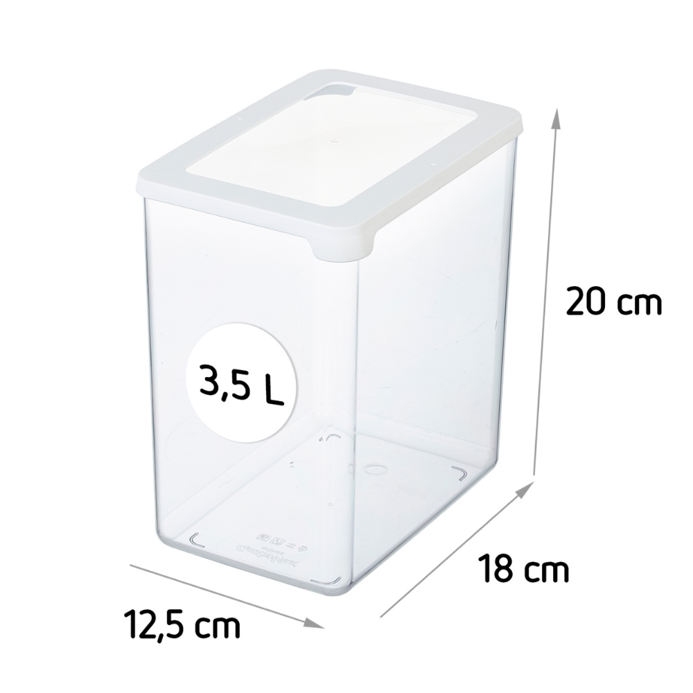 Il contenitore per alimenti Orthex SmartStore TRASPARENTE - Bianco è un contenitore rettangolare in plastica da 3,5 litri con coperchio bianco ermetico e dimensioni di 20x18x12,5 cm: perfetto per conservare gli alimenti in modo organizzato e impilabile.