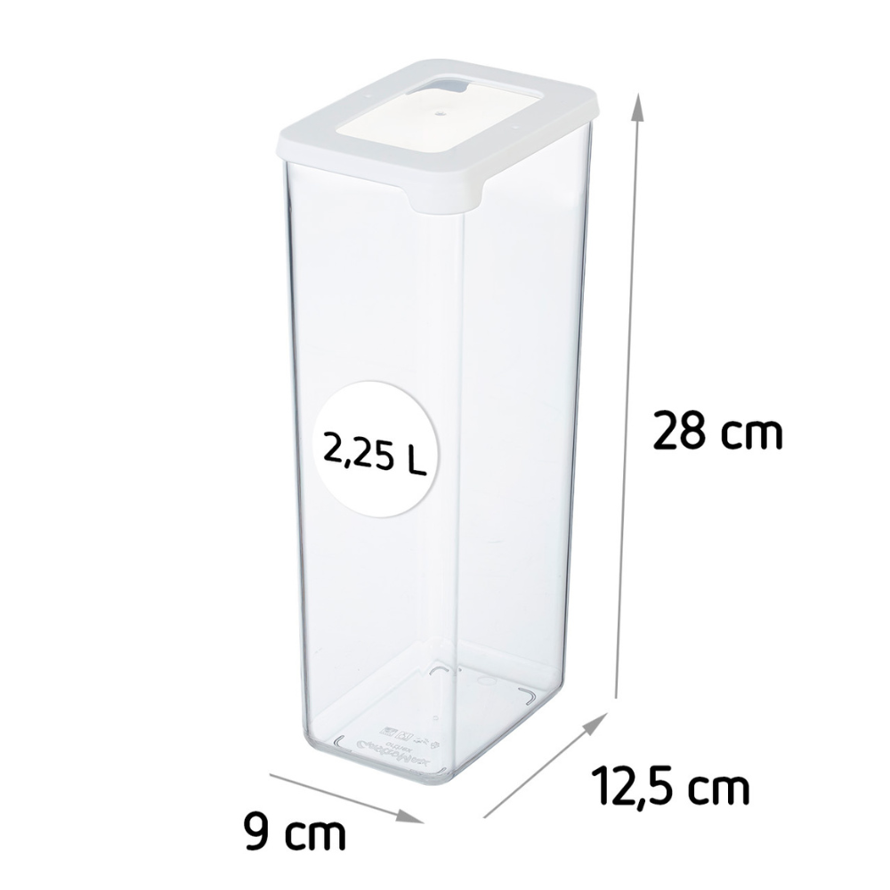 Il contenitore per alimenti Orthex SmartStore TRASPARENTE - Bianco è un contenitore rettangolare trasparente da 2,25 litri con coperchio bianco (28x12,5x9 cm), impilabile e a tenuta ermetica: perfetto per conservare gli alimenti in modo fresco e ordinato.