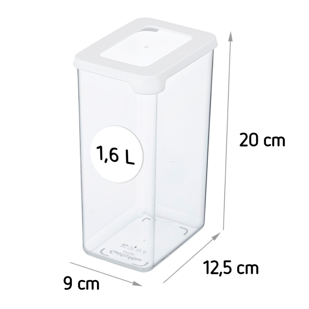 Il contenitore per alimenti Orthex SmartStore TRASPARENTE - Bianco è un contenitore da 1,6 L in plastica trasparente con coperchio bianco, ermetico per garantire la freschezza. Con dimensioni di 20x12,5x9 cm, è impilabile per una conservazione ordinata.