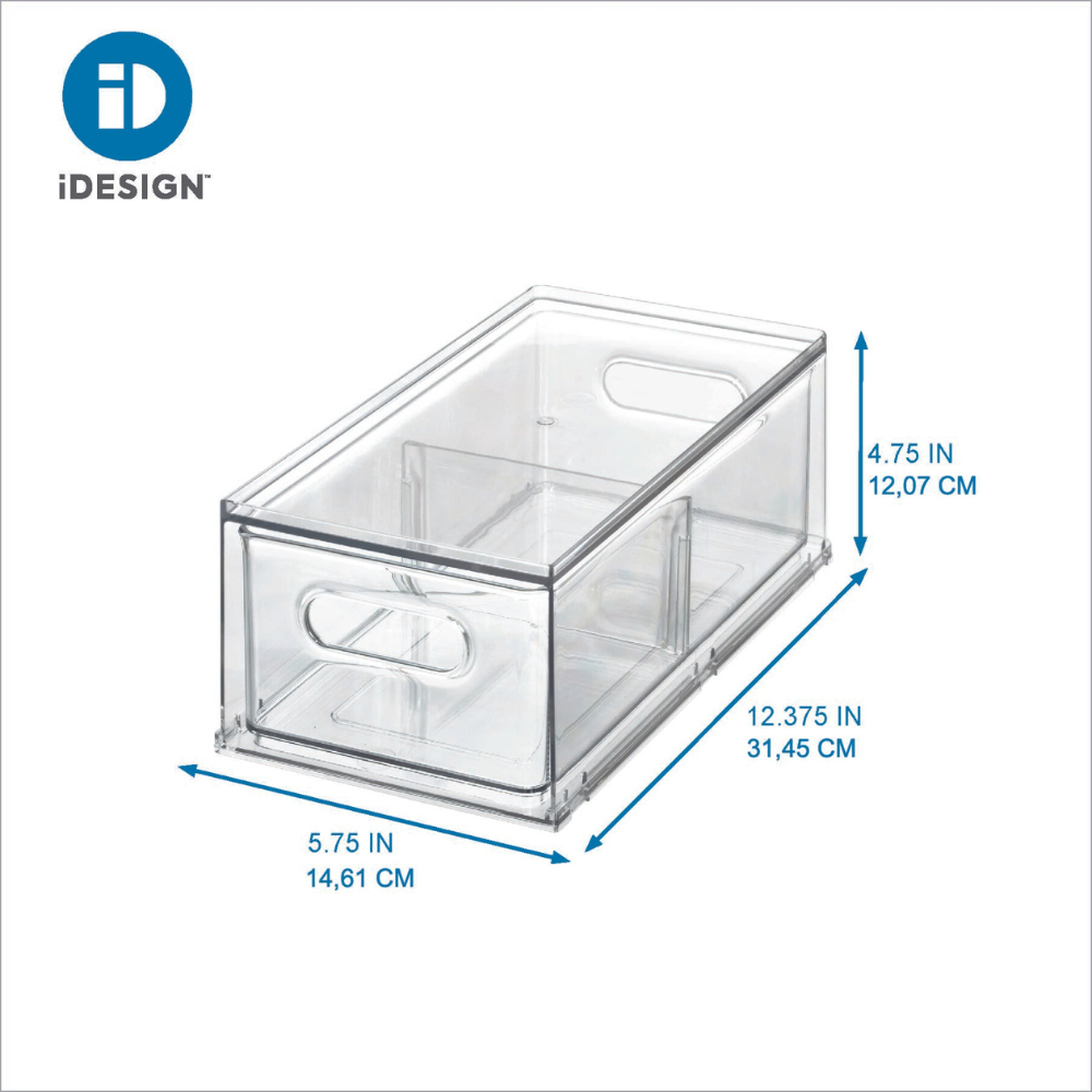 Die iDesign HOME EDIT - Aufbewahrungsbox Fridge KLAR - mit Schublade ist eine durchsichtige Kühlschrankbox aus Kunststoff mit ausgeschnittenen Griffen, den Maßen 31,45 x 14,61 x 12,07 cm und dem iDesign-Logo in der linken oberen Ecke.