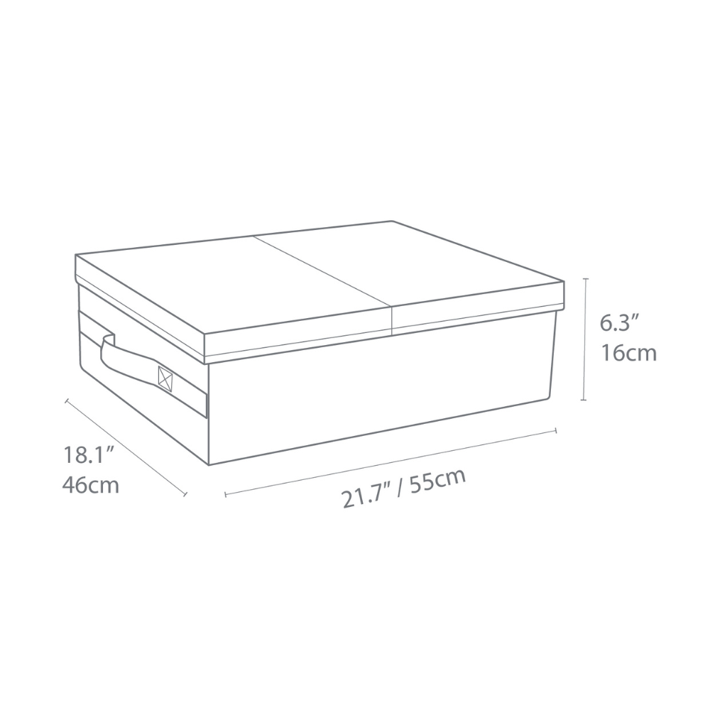 Strichzeichnung der Bigso SOFT Aufbewahrungsbox Grau mit Griff, Maße: 21,7/55cm L, 18,1/46cm B, 6,3/16cm H - ideal für die Unterbett-Lagerung.