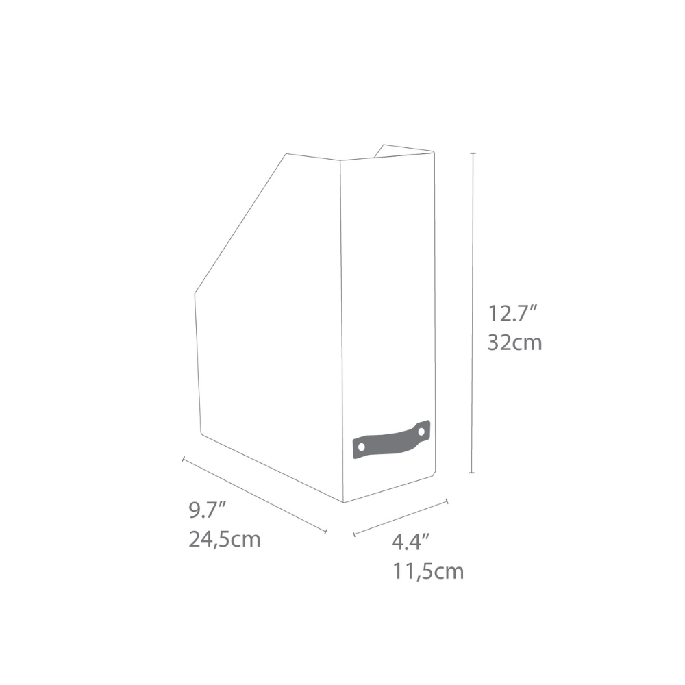 Strichzeichnung der Bigso ESTELLE Stehsammler Büroablage in Schwarz Canvas, Maße 12.7" H x 9.7" D x 4.4" B (32x24.5x11.5 cm), ideal für die A4 Ablage mit praktischem Design in Leinenoptik.