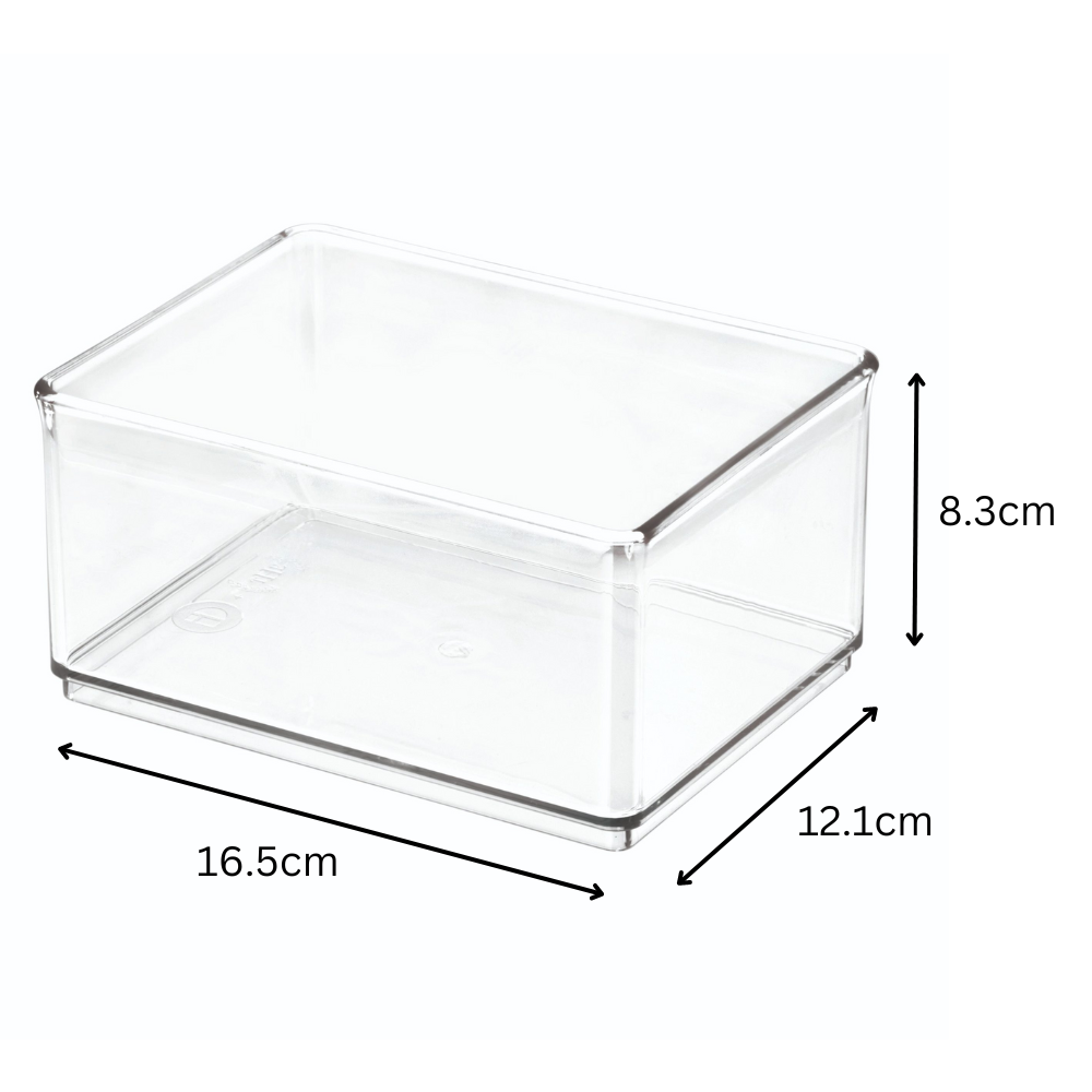 Scatola trasparente rettangolare su sfondo bianco, dimensioni 16,5 x 12,1 x 8,3 cm.