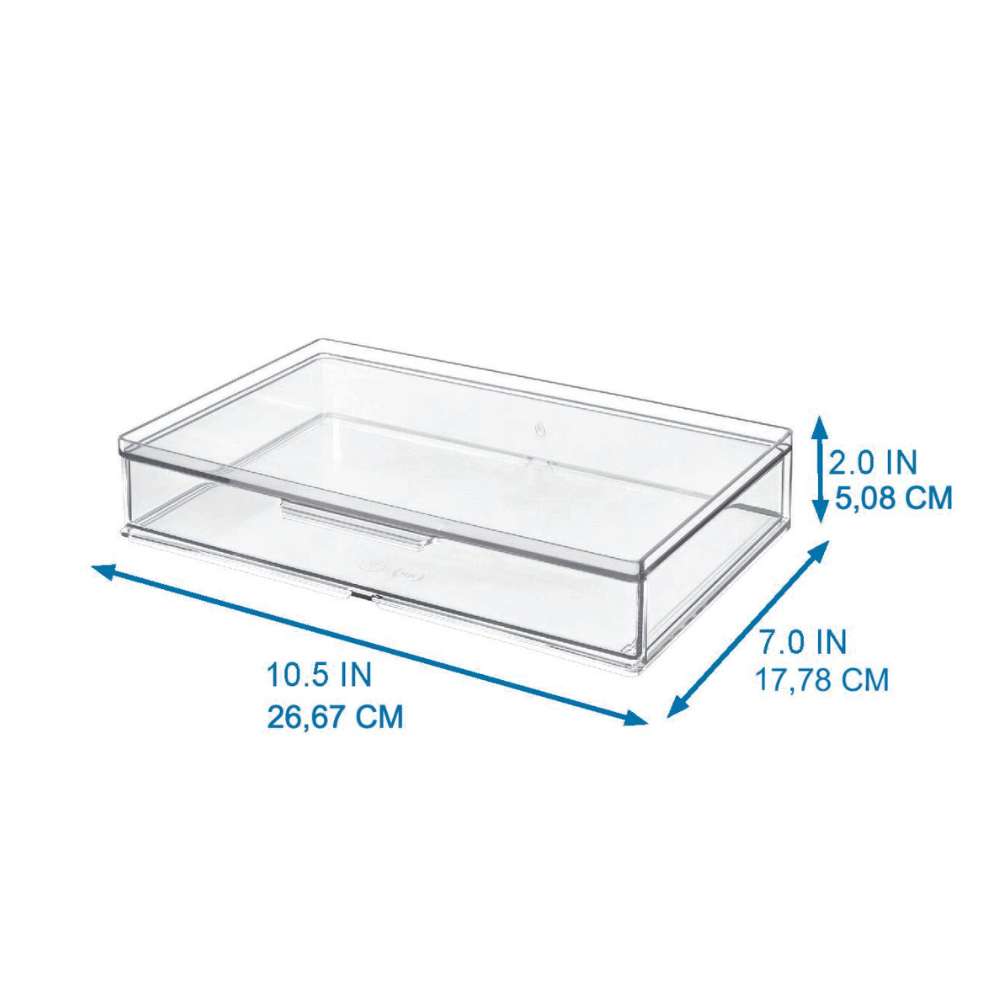 Der iDesign HOME EDIT Organizer mit Schublade modular - div. Grössen ist eine transparente Aufbewahrungsbox mit Deckel (26,67 x 17,78 x 5,08 cm); blaue Pfeile zeigen die Maße an.