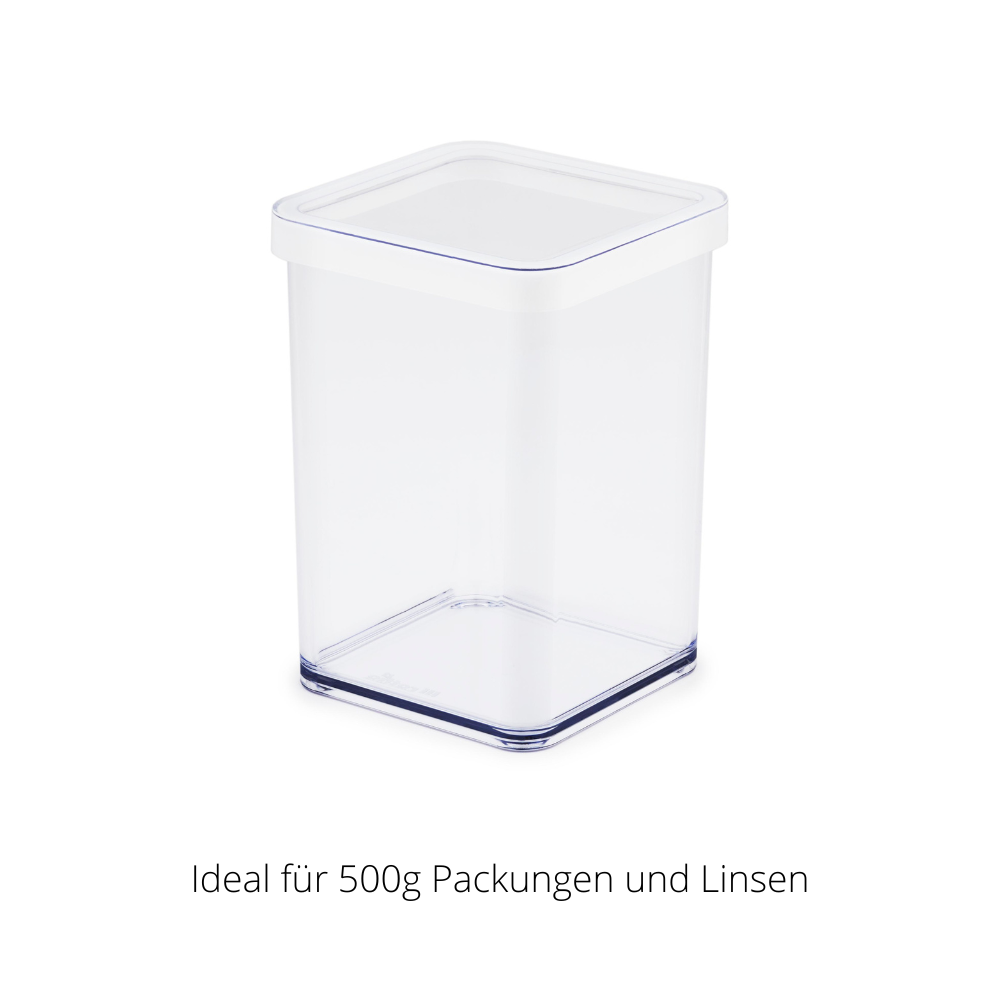 Contenitore di plastica trasparente con coperchio su sfondo bianco. Testo: "Perfetto per confezioni da 500 g e lenticchie".