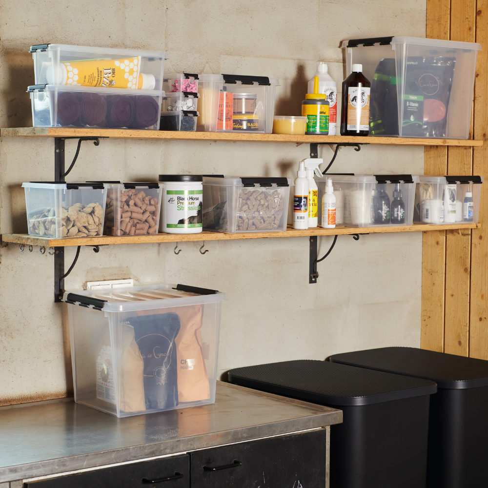 Zwei an der Wand befestigte Regale präsentieren die Orthex SmartStore Box KLAR - 40x30x11 cm (7,5L) Flach und andere BPA-freie, stapelbare Aufbewahrungsboxen. Darunter befinden sich große Behälter, die auf einer Arbeitsplatte neben einem Schrank Platz finden und für Ordnung und Übersicht sorgen.