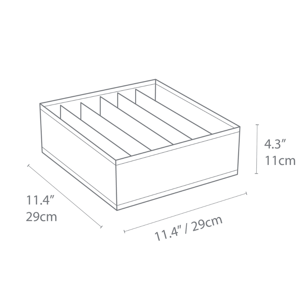 Strichzeichnung des SOFT Organizer Beige - 6 Fächer breit von Bigso mit sechs Fächern. Die Box ist 29 cm breit und 11 cm hoch. Die Abmessungen sind auf dem Bild angegeben.