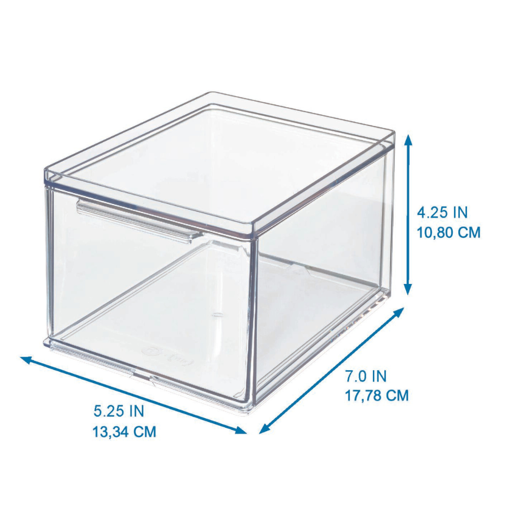 Transparente Aufbewahrung: Der iDesign HOME EDIT Organizer mit Schublade (7.0" B x 5.25" T x 4.25" H) ist modular, verfügt über Griff und blaue Pfeile - perfekt für vielseitige Nutzung in verschiedenen Größen.