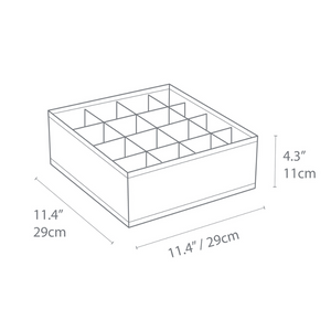 Strichzeichnung des Bigso SOFT Organizer Beige – 16 Fächer, einer quadratischen Box mit 16 Fächern, misst 11,4 Zoll (29 cm) pro Seite und 4,3 Zoll (11 cm) in der Höhe – ideal für vielseitige Aufbewahrung.