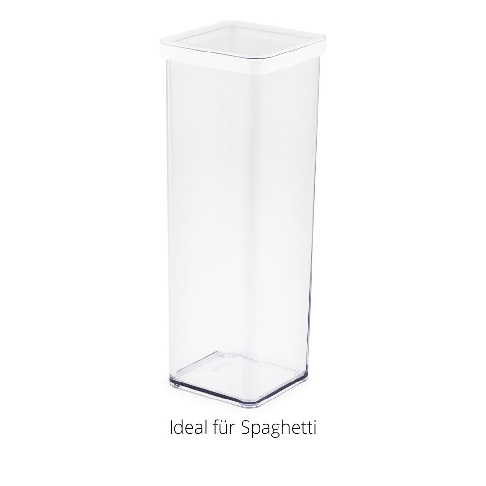Storage container with white lid, standing on a white background. Text: "Ideal for spaghetti."