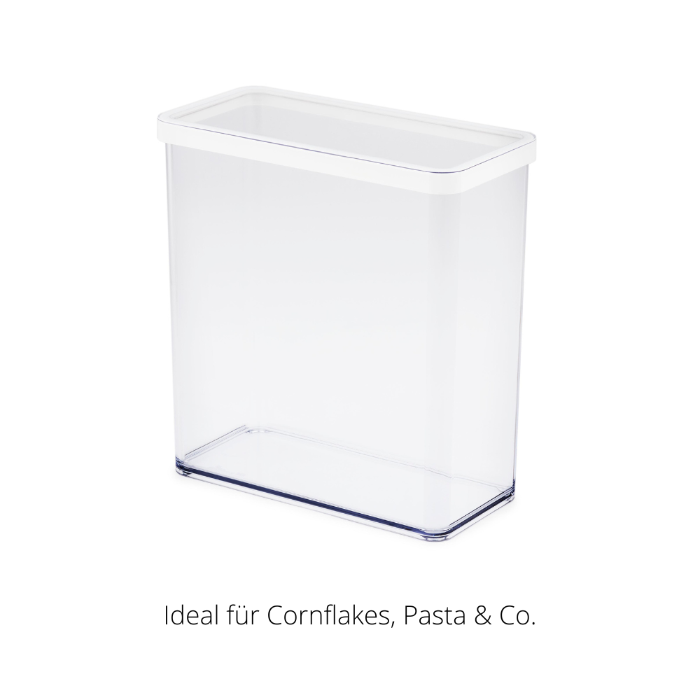 Contenitore di plastica con coperchio bianco, in posizione verticale. Testo: "Perfetto per cornflakes, pasta e simili".